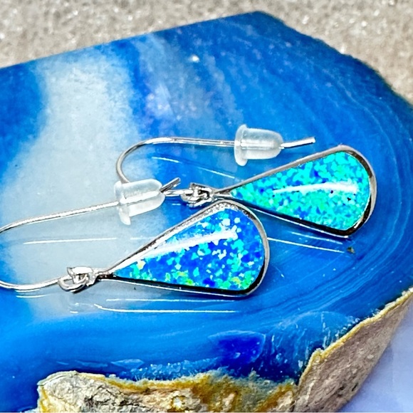 Sterling Silver Blue Opal Inlay Teardrop Dangle Earrings Blue Teardrop 4366 B - Picture 3 of 7